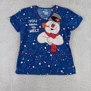 Frosty the Snowman Womens Blue Christmas Scrub Top TF634 You Make Me Melt Medium
